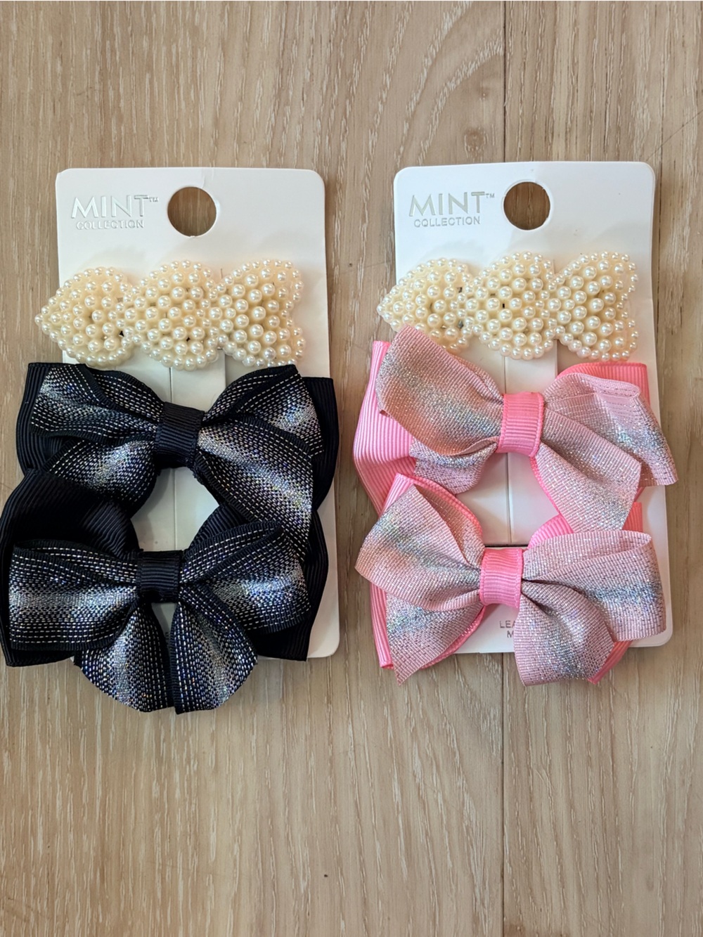 Kids Pearl Heart & Bow Hair Clip Set - Pink and Black